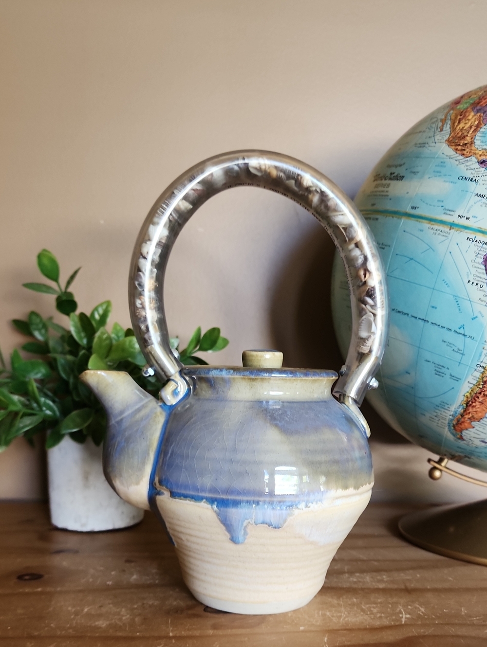 Beautiful artisan pottery tea pot with seashell Filled handle